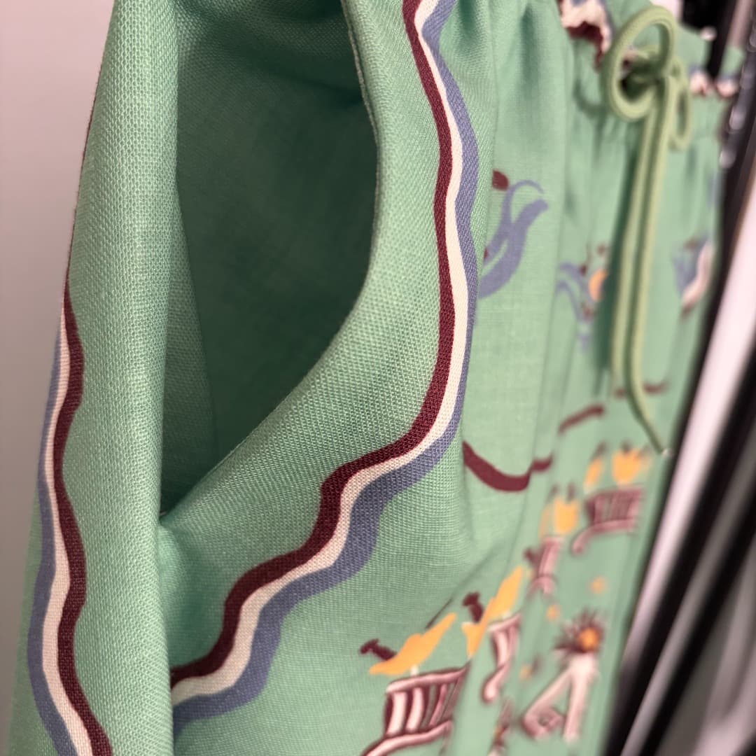 C18368 Item number: 20264259 Zimmermann* New linen set: cute pattern printed short-sleeved shirts + elastic waist wide-leg pants, green color, S-XL sizes. [Size M: shoulder width 40, bust size 110, sleeve length 28, overall length 70; waist size 70, elast — image 7
