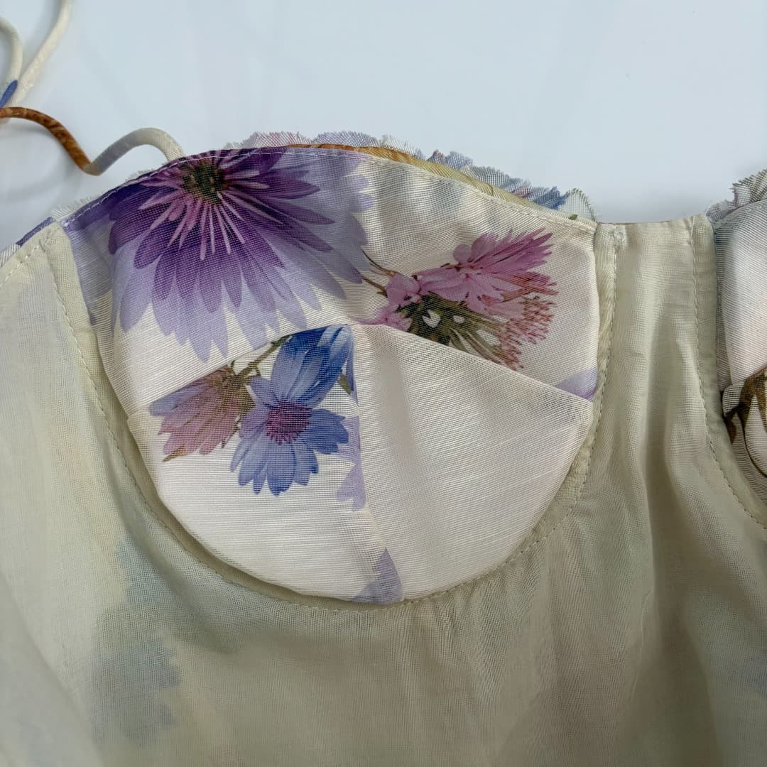 C18362 Item No. 20264280 Zimmermann* New model, colored daisy print, three-dimensional flower strap, cinched waist, ruffled halter dress. Short skirt, beige color, S-XL sizes. [Size M: Elasticity of bust: 86; waist: 74; length: 82; weight: 0, 355kg] — image 5