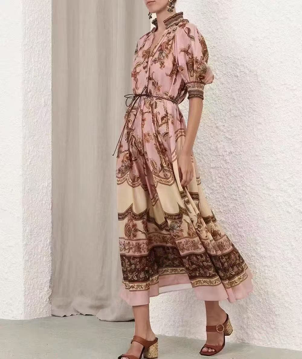 C18354 Style No. 20264396 Zimmermann* Vintage/retro flower print, tie-up waisted lantern short-sleeve dress. Long dress with underbanding, pink color, S-XL sizes. [Size M: bust 92, length 101; bust 112, sleeve length 45, length 138; weight: 0, 500kg] — image 3