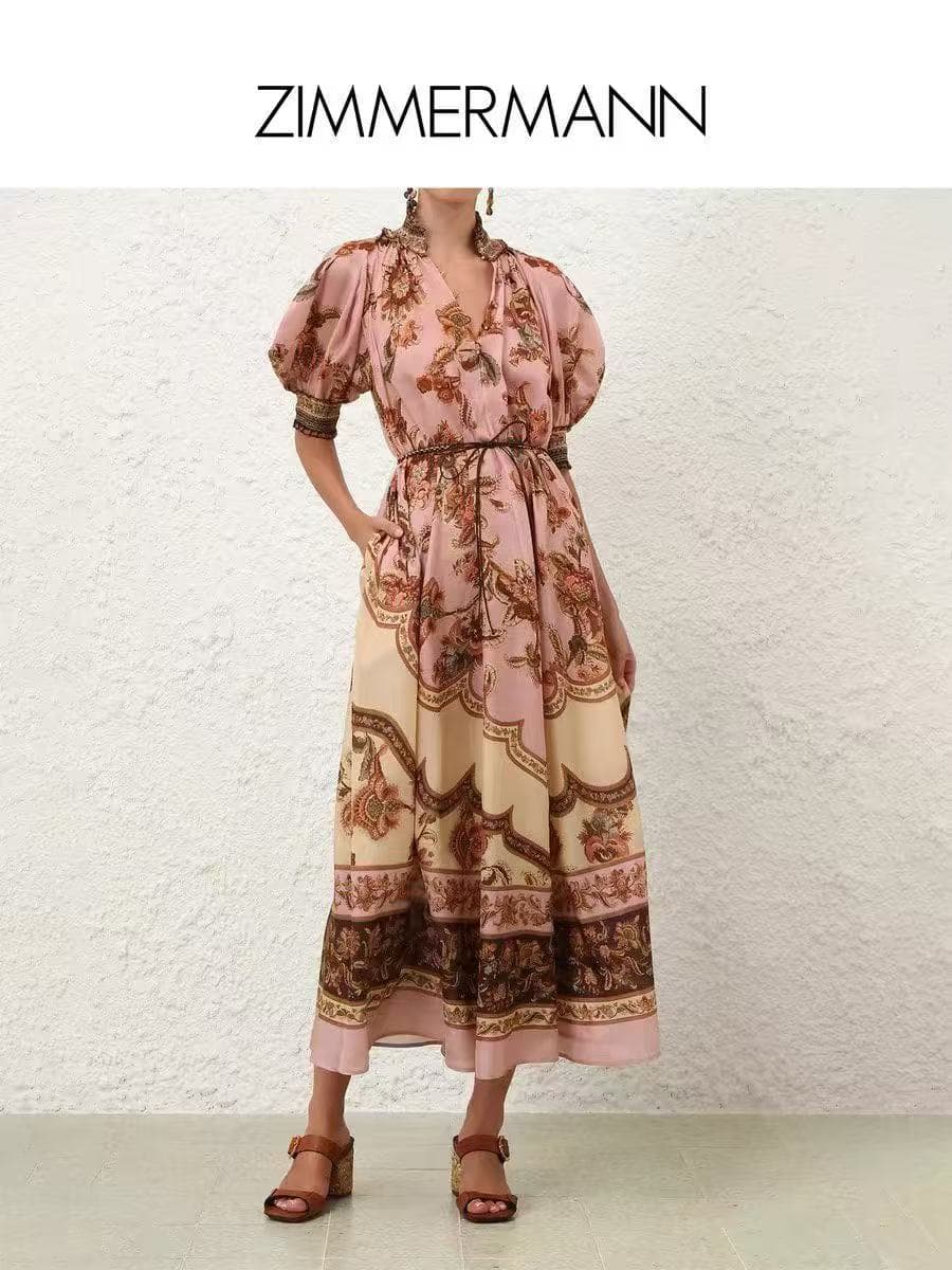 C18354 Style No. 20264396 Zimmermann* Vintage/retro flower print, tie-up waisted lantern short-sleeve dress. Long dress with underbanding, pink color, S-XL sizes. [Size M: bust 92, length 101; bust 112, sleeve length 45, length 138; weight: 0, 500kg] — image 1