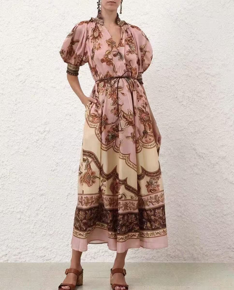 C18354 Style No. 20264396 Zimmermann* Vintage/retro flower print, tie-up waisted lantern short-sleeve dress. Long dress with underbanding, pink color, S-XL sizes. [Size M: bust 92, length 101; bust 112, sleeve length 45, length 138; weight: 0, 500kg] — image 2