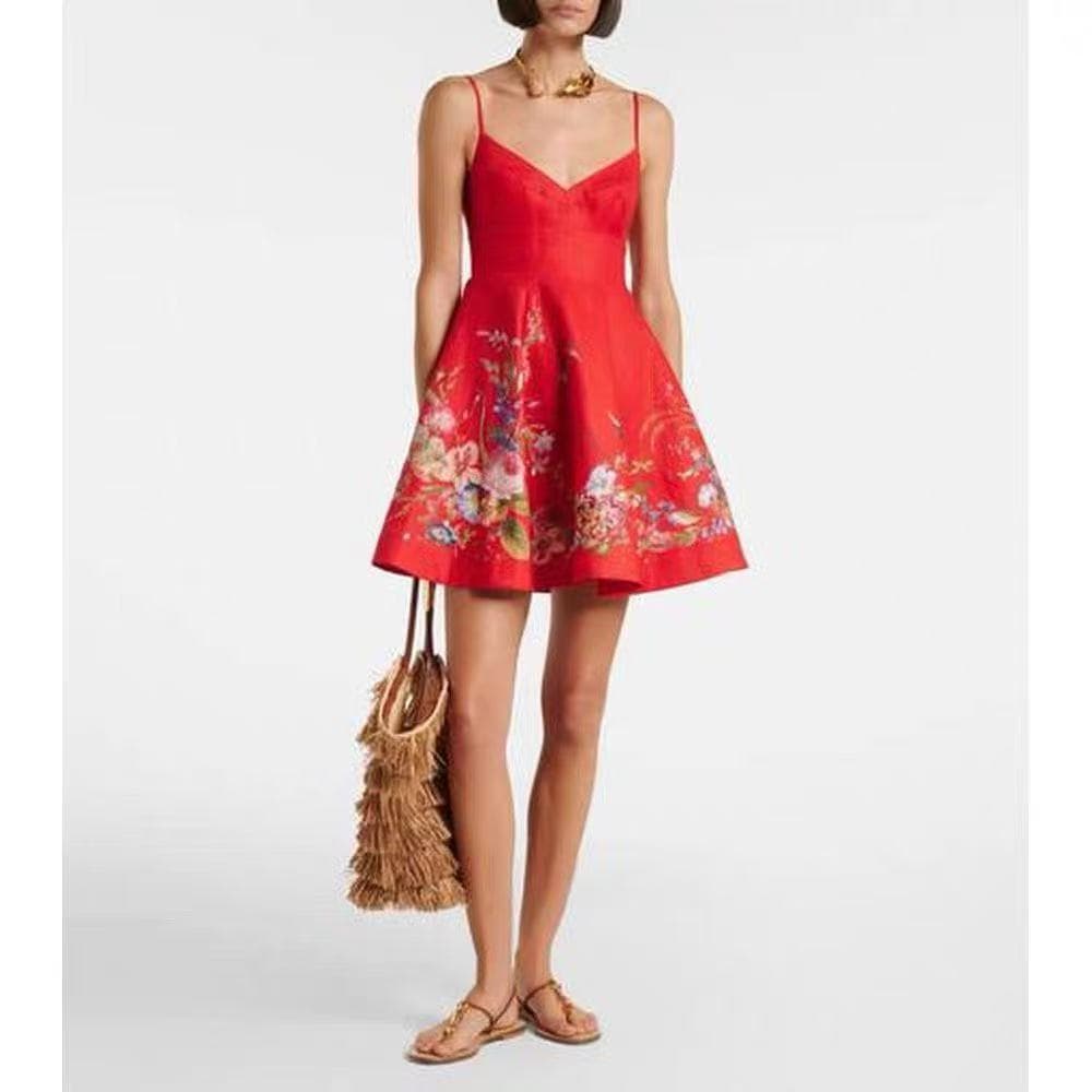 C18351 Item number: 20264403 Zimmermann* New model, colored flower print, elegant V-neck strap dress. Short skirt, red color, S-XL sizes. [Size M: Waist circumference 82, elastic; waistline 72, elastic; length 85; Weight: 0, 490kg] — image 3