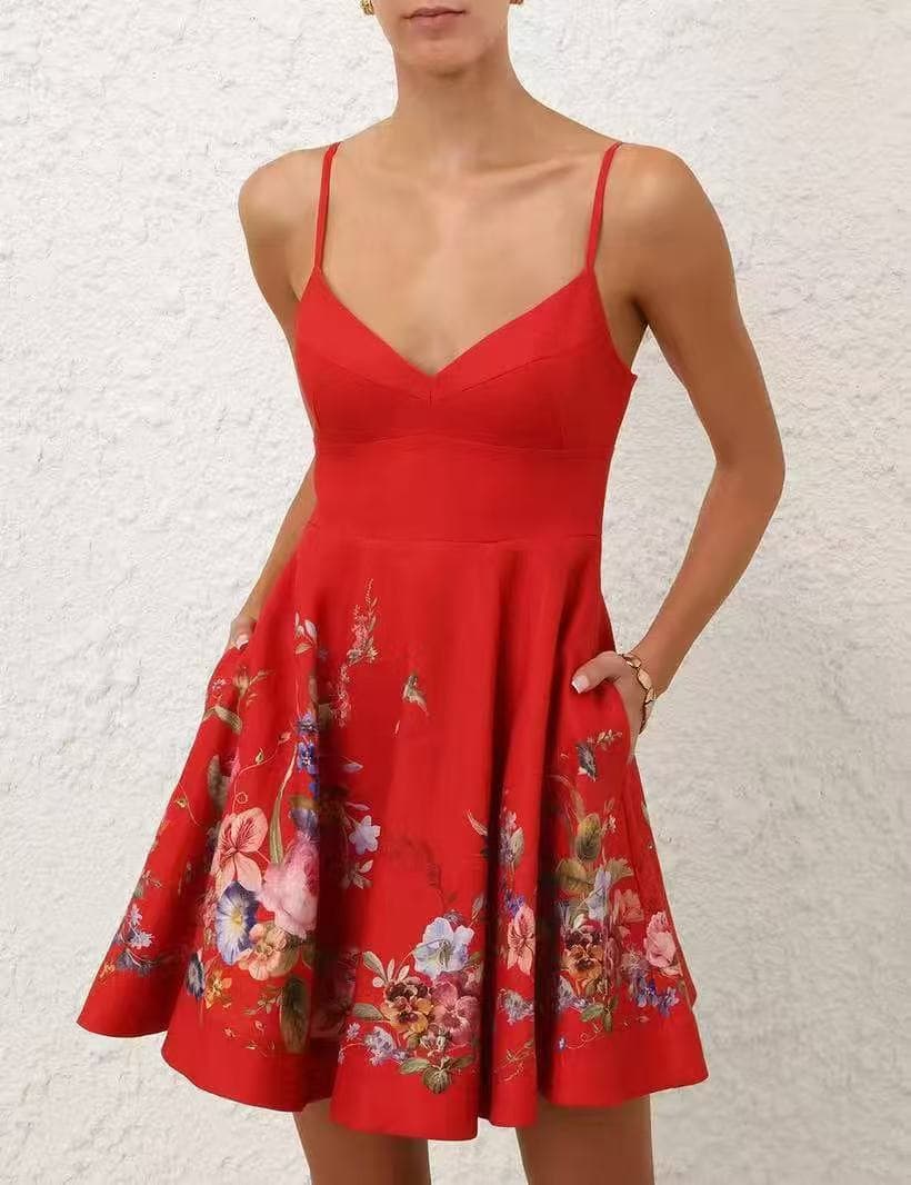 C18351 Item number: 20264403 Zimmermann* New model, colored flower print, elegant V-neck strap dress. Short skirt, red color, S-XL sizes. [Size M: Waist circumference 82, elastic; waistline 72, elastic; length 85; Weight: 0, 490kg] — image 1