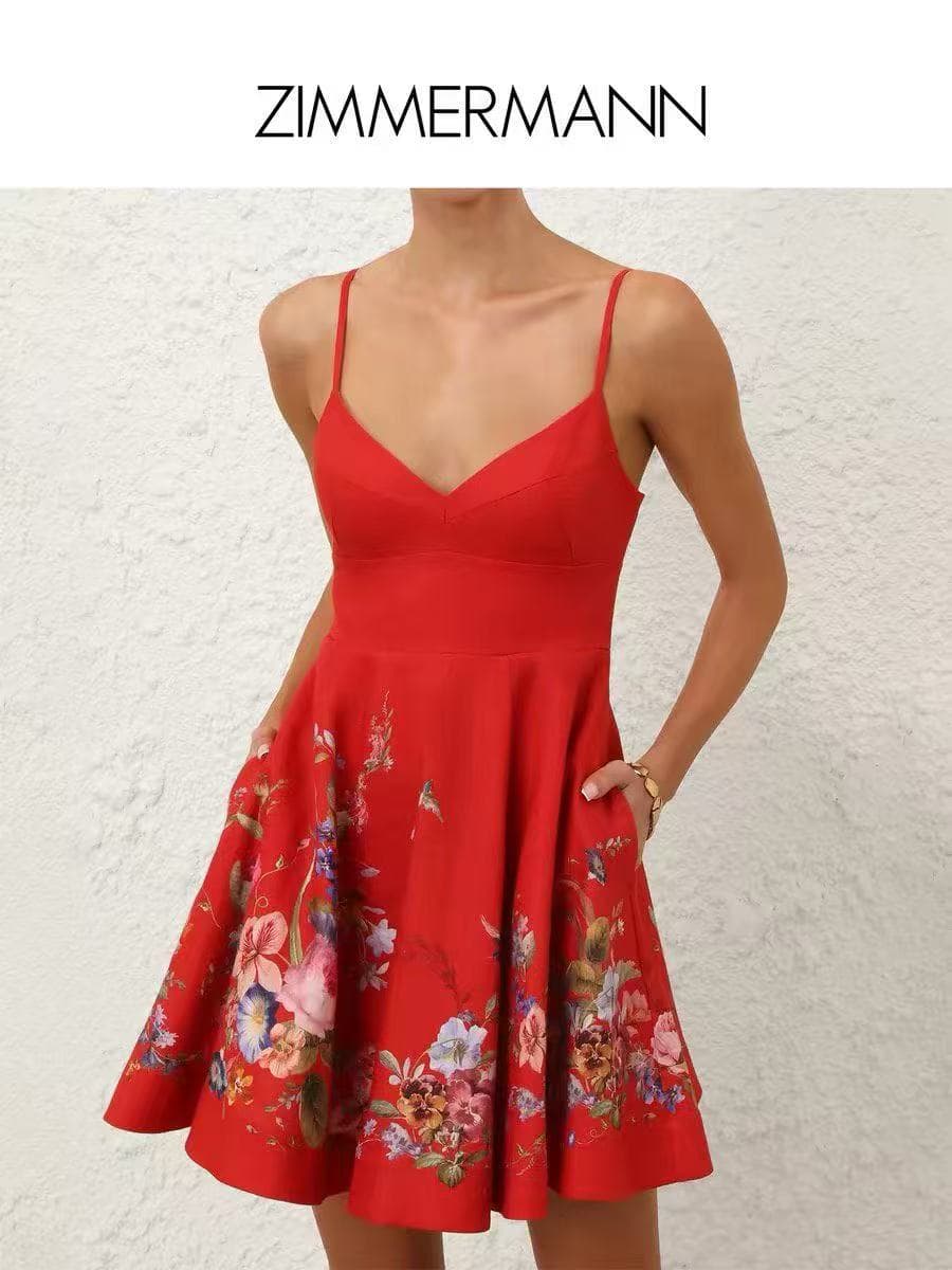 C18351 Item number: 20264403 Zimmermann* New model, colored flower print, elegant V-neck strap dress. Short skirt, red color, S-XL sizes. [Size M: Waist circumference 82, elastic; waistline 72, elastic; length 85; Weight: 0, 490kg] — image 2