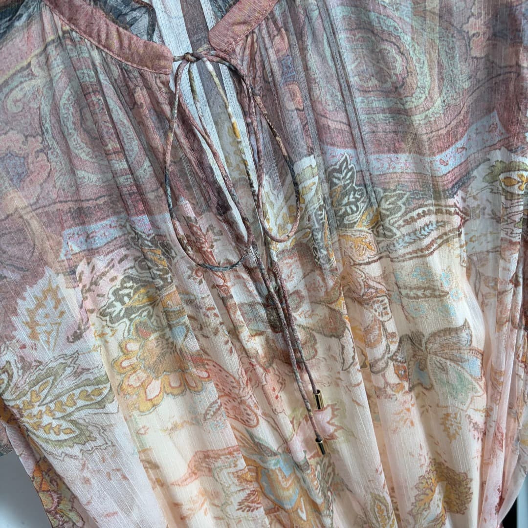 C18353 Style number 20264402 Zimmermann* Vintage/retro pattern print,木耳 collar, fluttering sleeves with belt, back and middle attached, dress with straps, apricot color, S-XL. [Size M: bust 92, length 105; bust 142, length 123; weight: 0, 375kg] — image 5