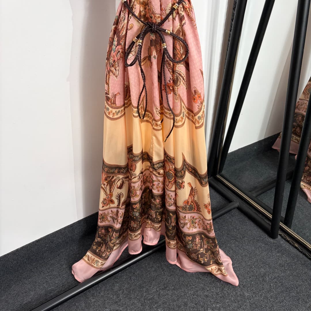 C18355 Size 20264396 Zimmermann* Vintage/retro flower print, tiered waist-trimming lantern short-sleeve dress. Long dress with underbanding, pink color, S-XL. [M size: bust 92, length 101; bust 112, sleeve length 45, overall length 138; weight: 0.500kg] — image 3