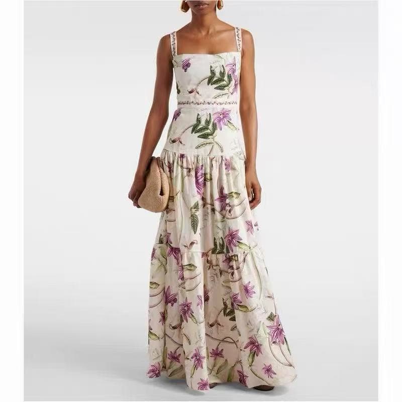 C18345 Item number: 20264505 Zimmermann* New model, purple floral print strap dress. Long dress, beige color, S-XL sizes. [Size M: Chest circumference 84, waist circumference 74, length 131; Weight: 0, 505kg] — image 1
