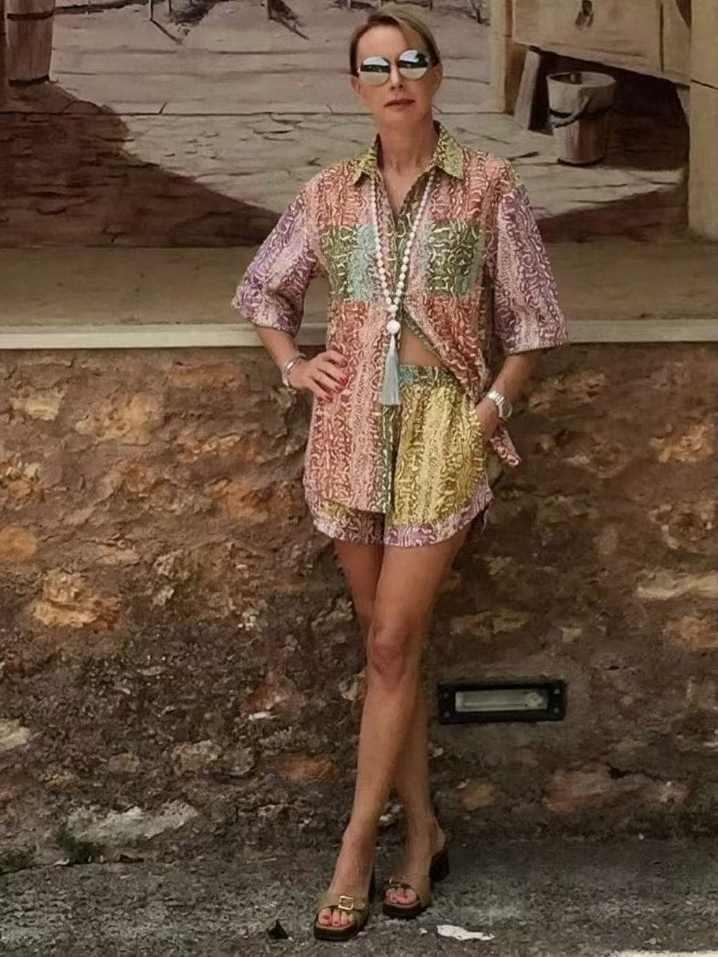 C18342 Style number 20264536 Zimmermann* New set: serpent print short-sleeved shirts + shorts, mixed colors, S-XL sizes. [Size M: shoulder width 49, bust size 122, sleeve length 33, overall length 68-76; waist size 68, elastic, overall length 36; weight:  — image 4