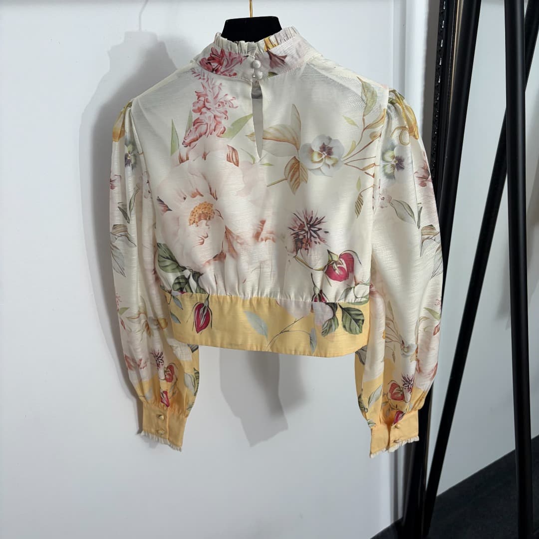 C18341 Style code: 20264537 Zimmermann*. New set: floral-print short top with a stand-up collar and long sleeves + frilly short skirt. Color: white. S-XL sizes. [Size M: shoulder width 37, bust size 94, sleeve length 64, overall length 42; waist size 70,  — image 3