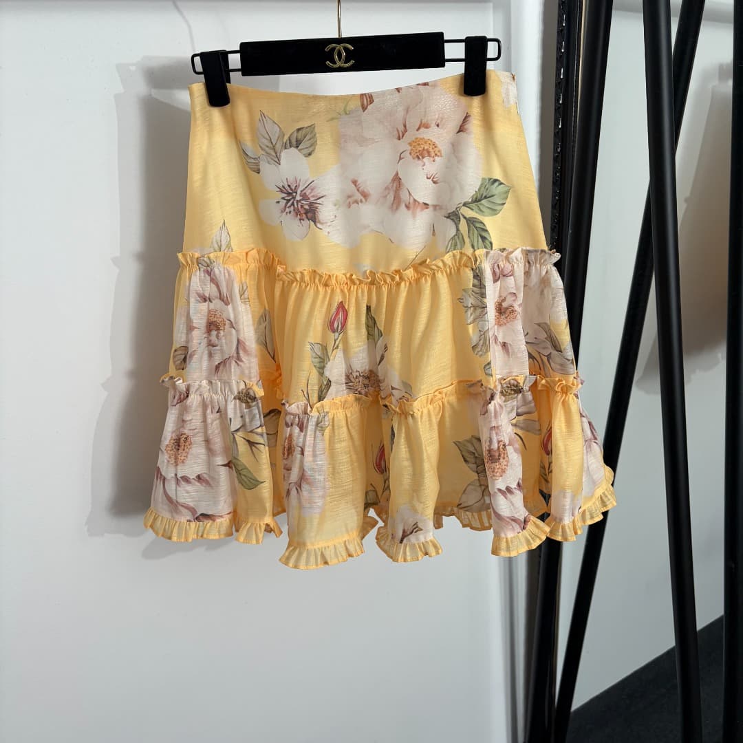 C18341 Style code: 20264537 Zimmermann*. New set: floral-print short top with a stand-up collar and long sleeves + frilly short skirt. Color: white. S-XL sizes. [Size M: shoulder width 37, bust size 94, sleeve length 64, overall length 42; waist size 70,  — image 6