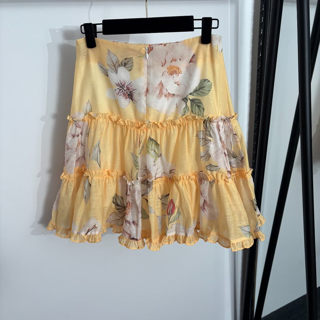 C18341 Style code: 20264537 Zimmermann*. New set: floral-print short top with a stand-up collar and long sleeves + frilly short skirt. Color: white. S-XL sizes. [Size M: shoulder width 37, bust size 94, sleeve length 64, overall length 42; waist size 70,  — image 7