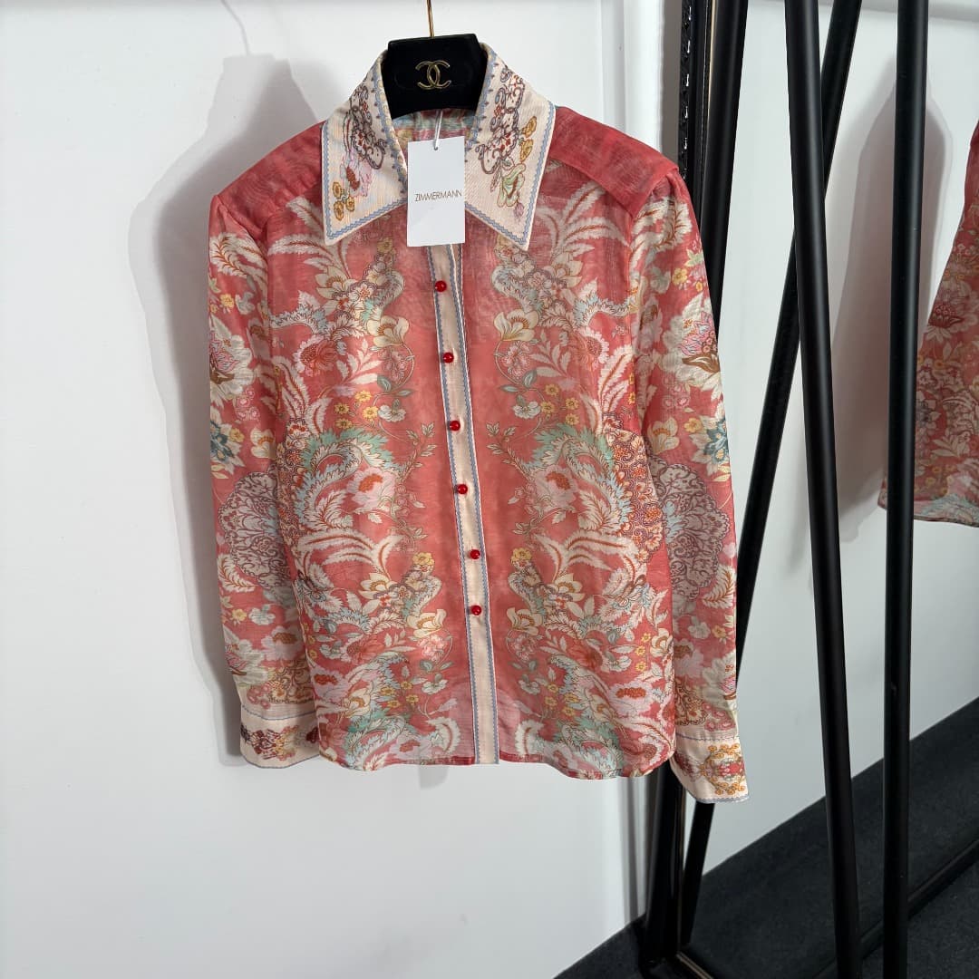 C18330 Style number 20264567 Zimmermann* Vintage/retro pattern print long-sleeved shirt + high-waist skirt, with strappy lining, in red and apricot colors, S-XL sizes. [Size M: bust 82, length 49; shoulder width 41, bust 106, sleeve length 61, skirt lengt — image 2