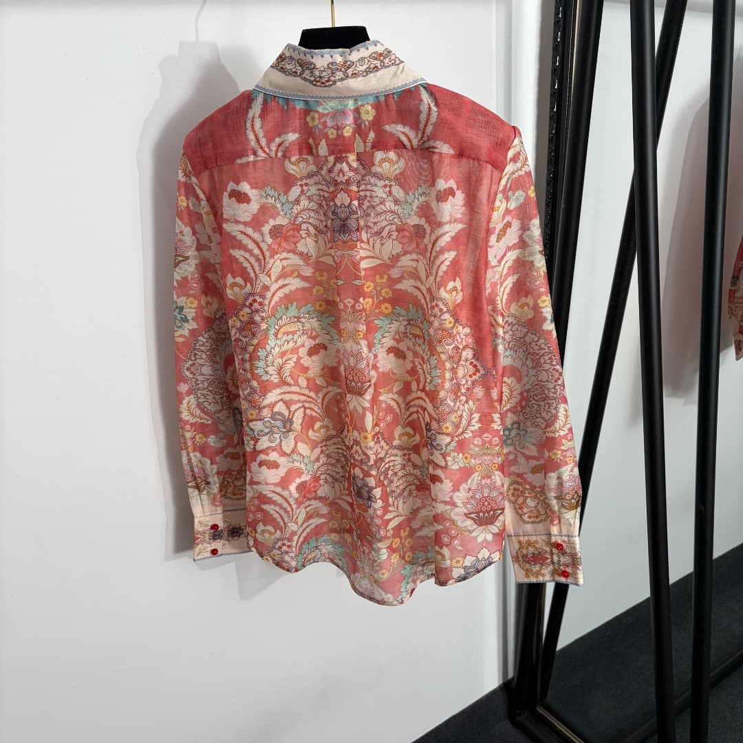 C18330 Style number 20264567 Zimmermann* Vintage/retro pattern print long-sleeved shirt + high-waist skirt, with strappy lining, in red and apricot colors, S-XL sizes. [Size M: bust 82, length 49; shoulder width 41, bust 106, sleeve length 61, skirt lengt — image 4
