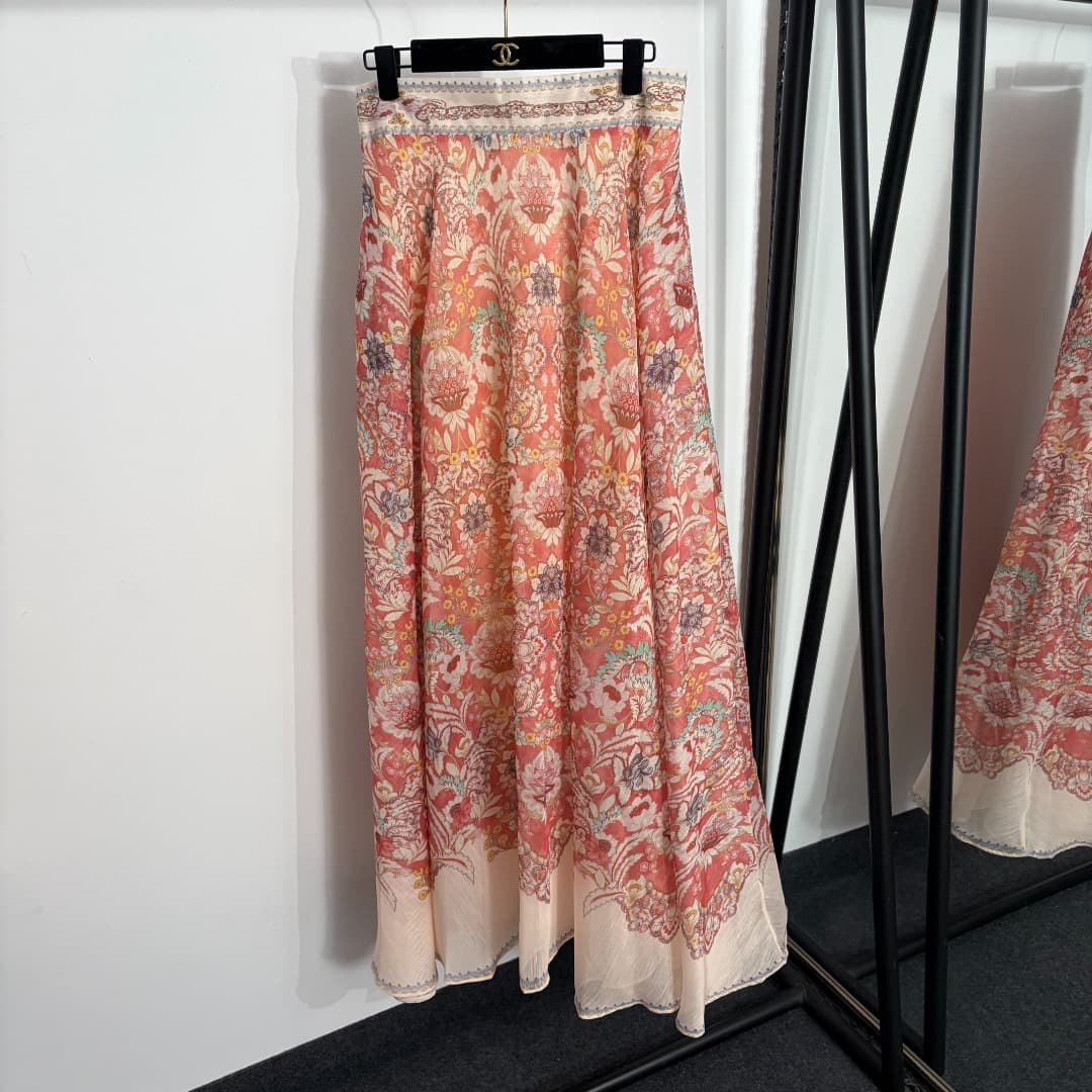 C18330 Style number 20264567 Zimmermann* Vintage/retro pattern print long-sleeved shirt + high-waist skirt, with strappy lining, in red and apricot colors, S-XL sizes. [Size M: bust 82, length 49; shoulder width 41, bust 106, sleeve length 61, skirt lengt — image 5