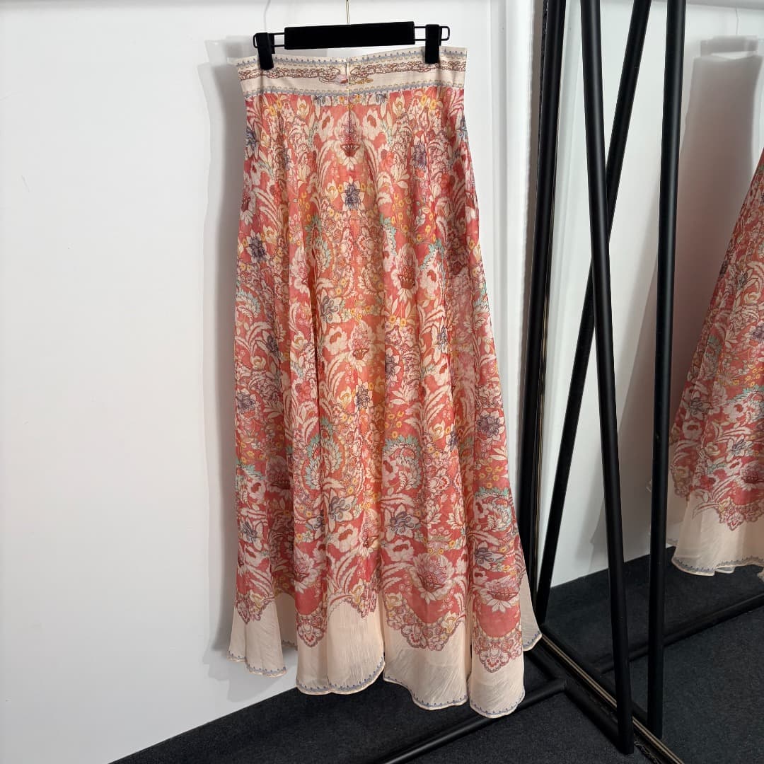 C18330 Style number 20264567 Zimmermann* Vintage/retro pattern print long-sleeved shirt + high-waist skirt, with strappy lining, in red and apricot colors, S-XL sizes. [Size M: bust 82, length 49; shoulder width 41, bust 106, sleeve length 61, skirt lengt — image 7