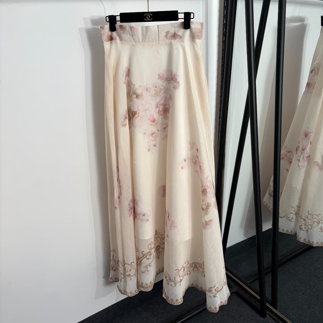 C18339 Style number 20264569 Zimmermann* New set: long-sleeved top with floral print and high-waisted skirt, lined with straps. Color: apricot. S-XL sizes available. [Size M: Chest circumference 76, Length 46; Chest circumference 96, Sleeve length 69, Len — image 4