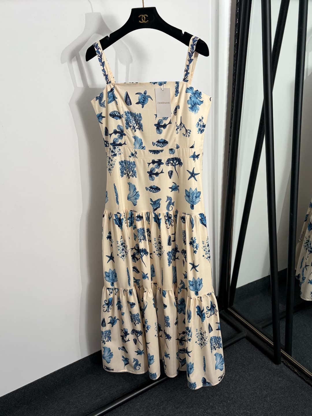 C18338 Style number 20264576 Zimmermann* New model – turtle, fish, marine creature pattern dress with suspenders. Long dress, beige color, sizes S-XXL. [Size M: bust 84, waist 74, length 131; weight: 0, 505kg] — image 1