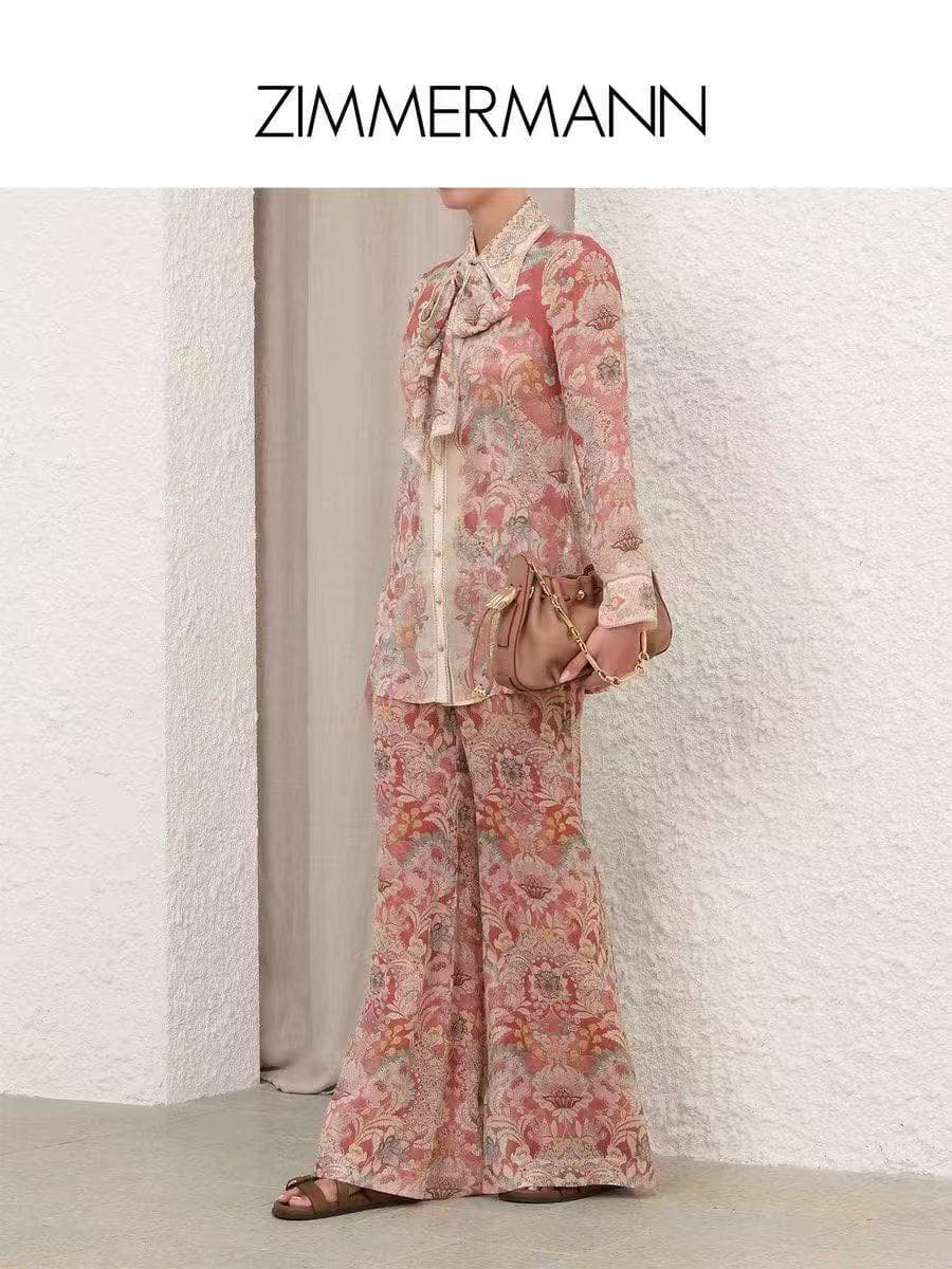 C18328 Item number 20264613 Zimmermann* Vintage/retro pattern print pointed collar long-sleeved shirt + high-waist wide-leg pants, red, S-XL. 【Size M: bust 100, sleeve length 75, overall length 74; waist 74, overall length 110; weight: 0, 275kg】 — image 3