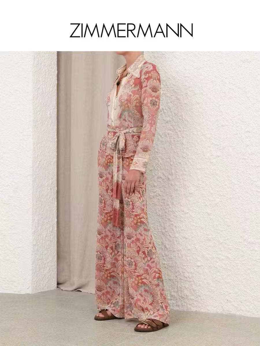 C18328 Item number 20264613 Zimmermann* Vintage/retro pattern print pointed collar long-sleeved shirt + high-waist wide-leg pants, red, S-XL. 【Size M: bust 100, sleeve length 75, overall length 74; waist 74, overall length 110; weight: 0, 275kg】 — image 4