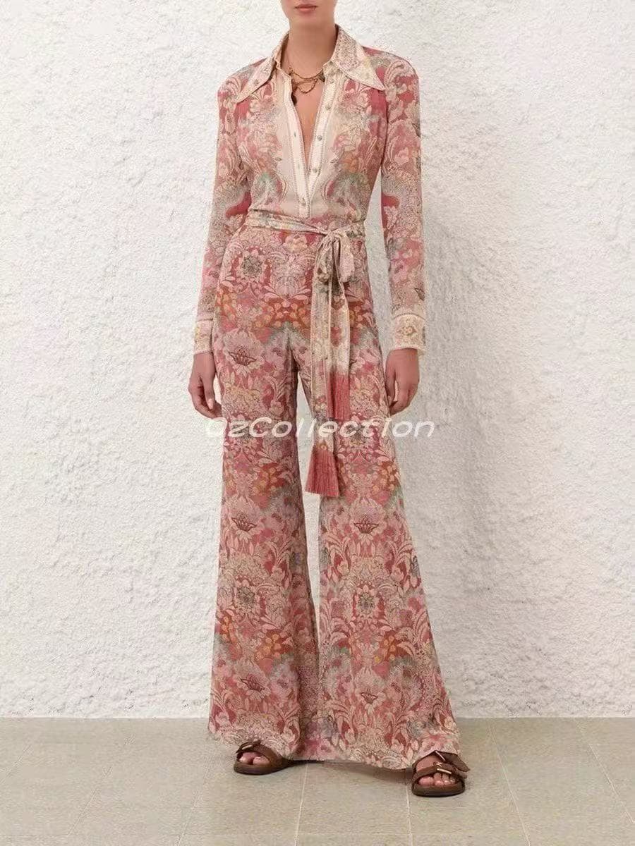 C18328 Item number 20264613 Zimmermann* Vintage/retro pattern print pointed collar long-sleeved shirt + high-waist wide-leg pants, red, S-XL. 【Size M: bust 100, sleeve length 75, overall length 74; waist 74, overall length 110; weight: 0, 275kg】 — image 2