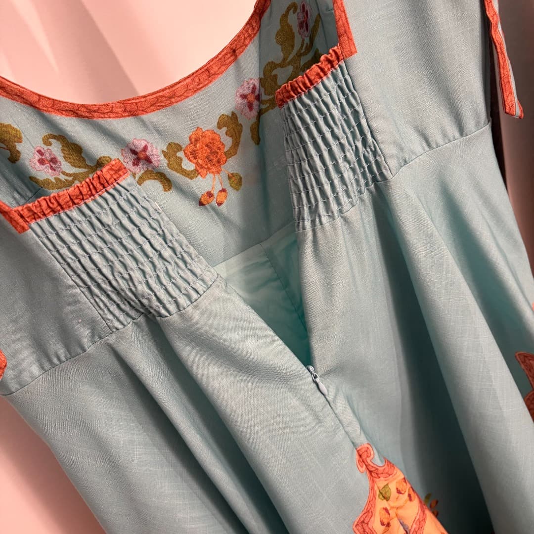 C18327 Item number: 20264614 Zimmermann* Vintage/retro floral print bowed skirt dress. Long dress, lake blue color, S-XL sizes. [Size M: Elasticity at bust: 84; elasticity at waist: 82; length: 132; weight: 0, 835kg] — image 7