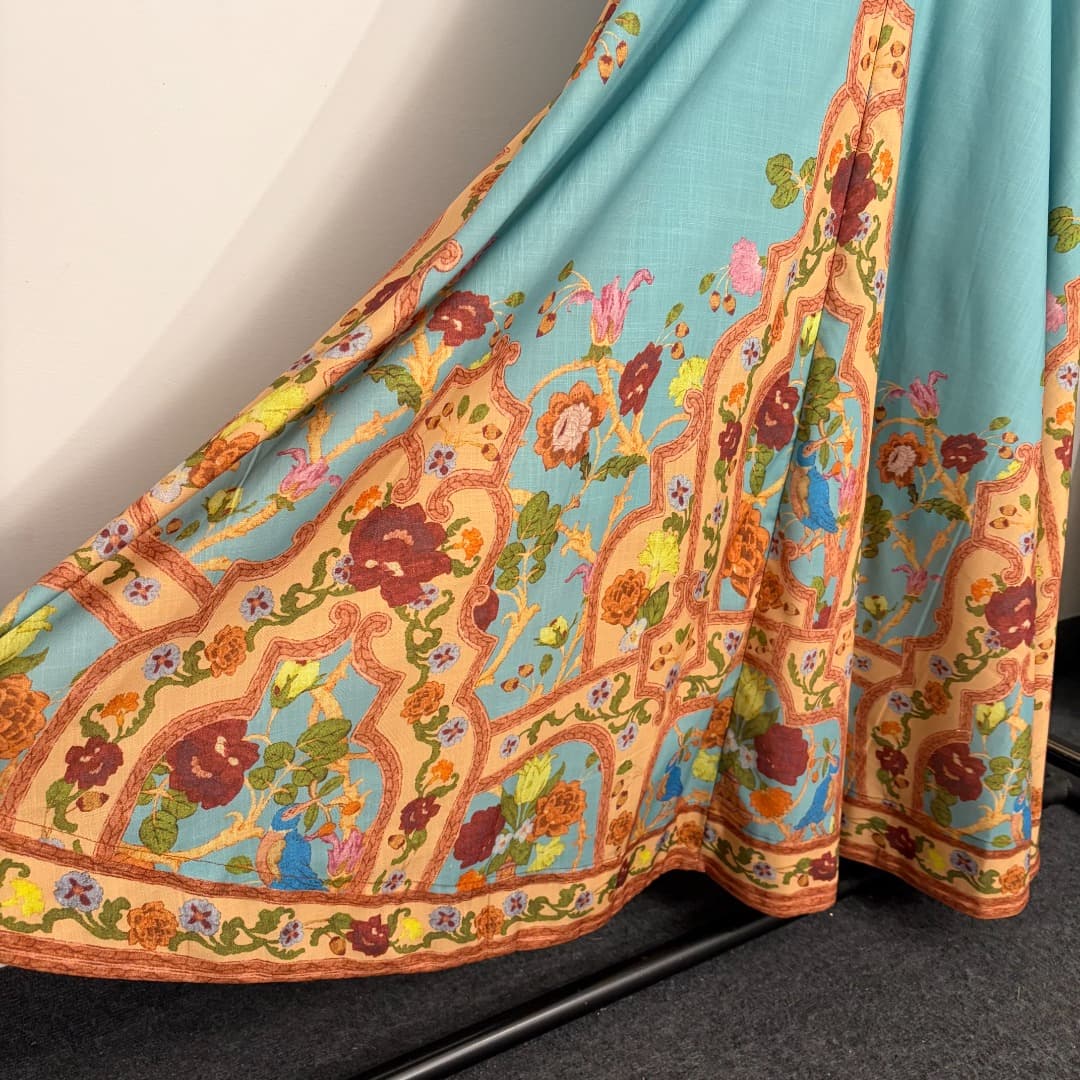 C18327 Item number: 20264614 Zimmermann* Vintage/retro floral print bowed skirt dress. Long dress, lake blue color, S-XL sizes. [Size M: Elasticity at bust: 84; elasticity at waist: 82; length: 132; weight: 0, 835kg] — image 5