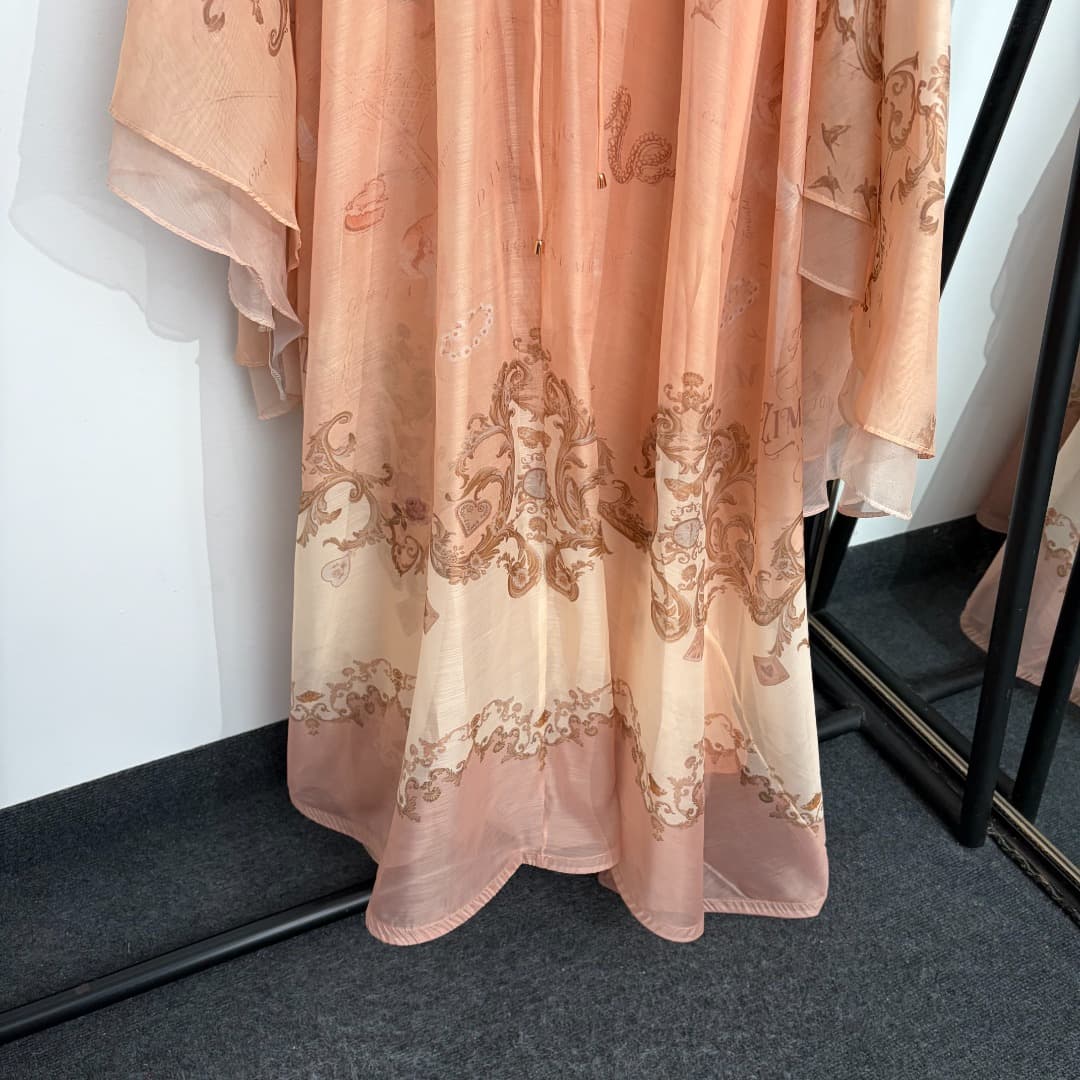 C18326 Item number 20264606 Zimmermann* Vintage/retro elegant print irregular喇叭 long-sleeved dress. Long dress, pink, S-XL. [L size: bust 124, sleeve length 77, overall length 136; weight: 0, 465kg] — image 3