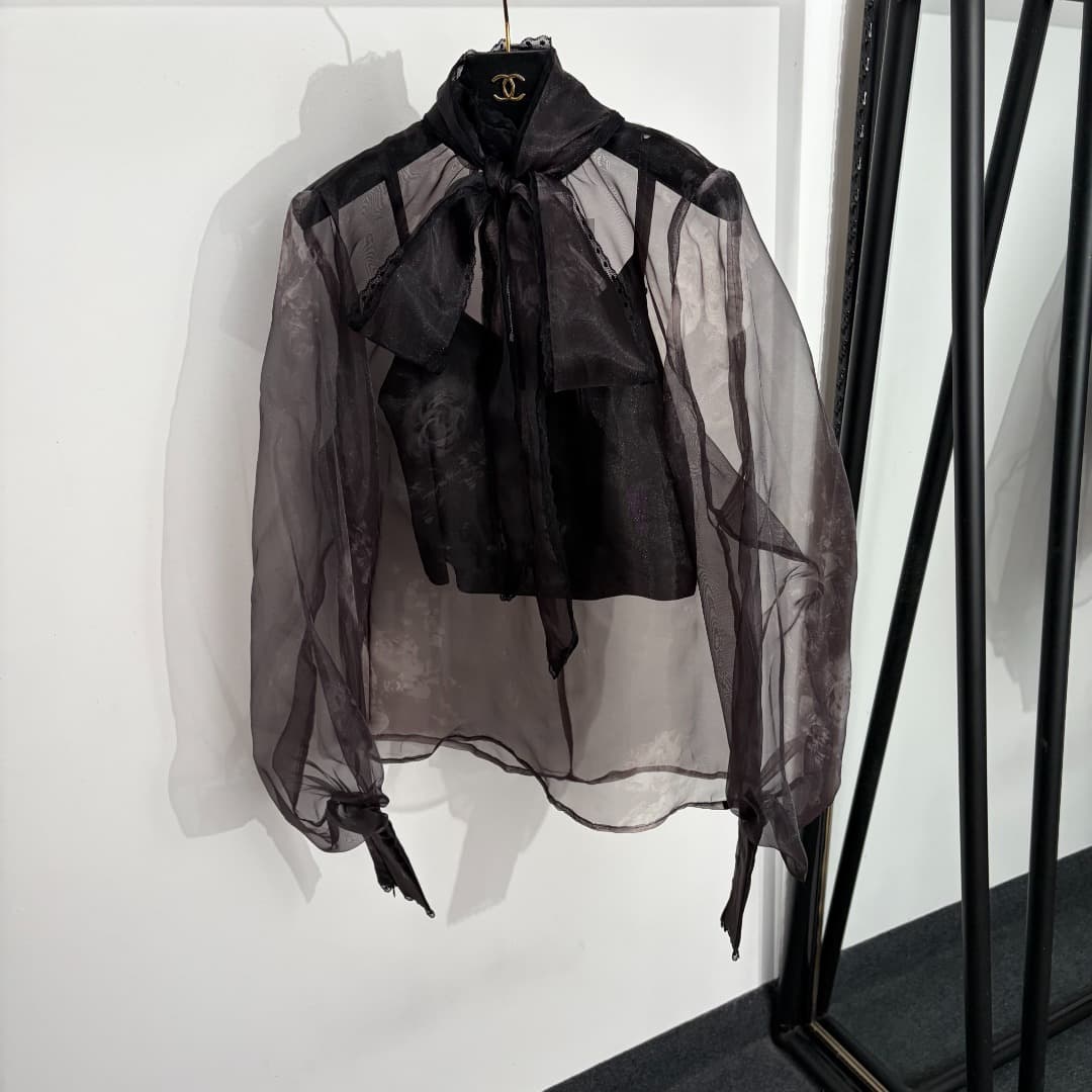 C18325 Style code: 20264611 Zimmermann* New set: lace bowed collar, organza long-sleeved shirt + net fabric skirt with undergarments, black color, sizes S-XL. [Size M: bust 86, length 31; shoulder width 42, bust 106, sleeve length 72, skirt length 67; wai — image 2