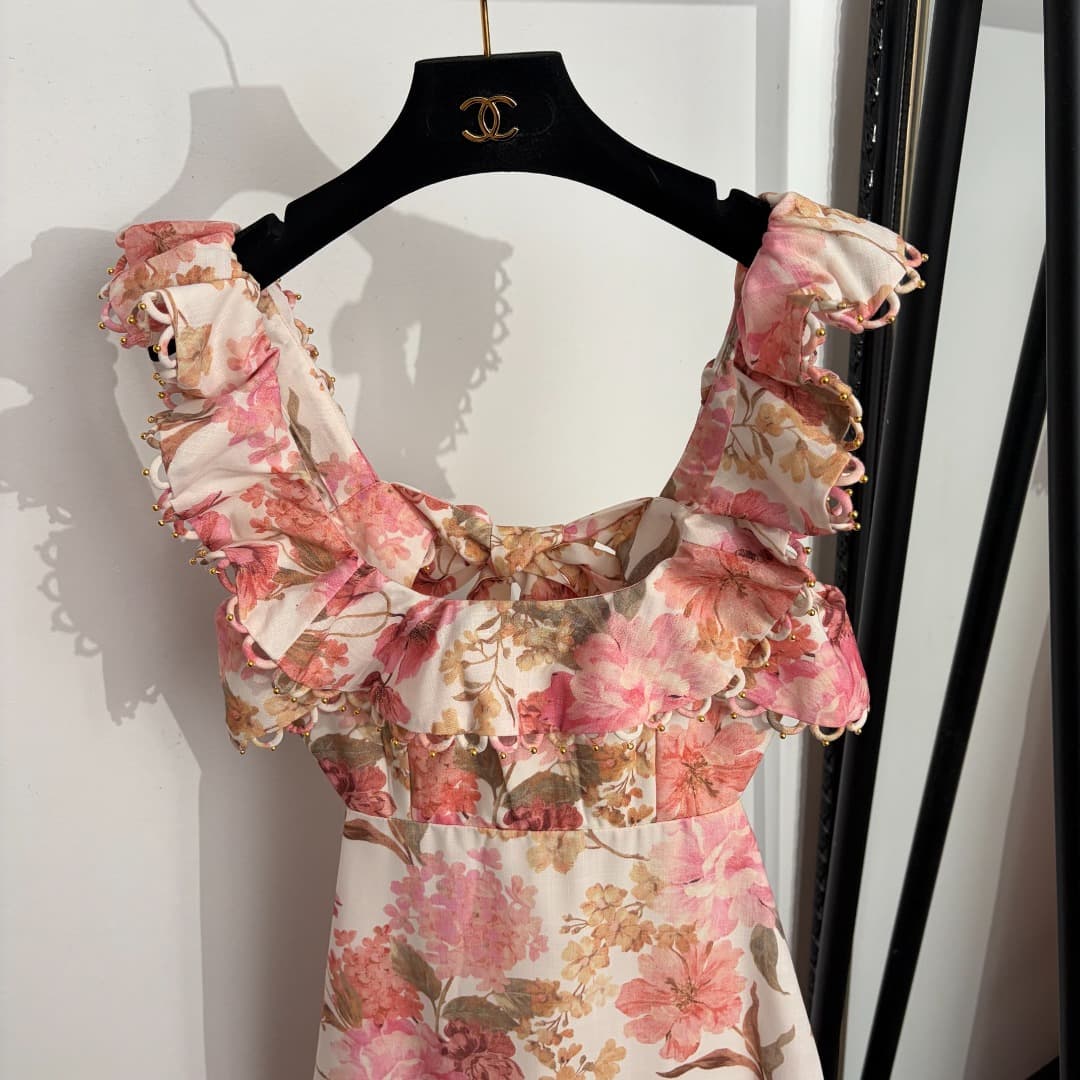 C18228 Style No. 20264613 Zimmermann* New model, floral print, bowed backless荷叶 collar strapless dress. Long dress, pink, yellow, S-XL. [Size M: bust 86, waist 76, length 136; weight: 0, 540kg] — image 2