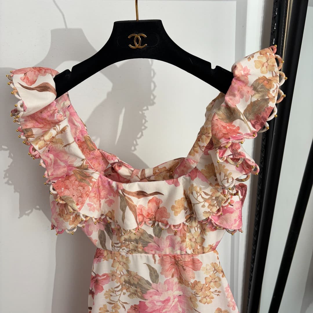 C18229 Style number 20264614 Zimmermann* New model. Floral print, bowed backless荷叶 collar strapless dress. Short skirt, pink, yellow, S-XL. [S size: bust circumference 82, waist circumference 72, length 84; Weight: 0, 420kg] — image 2