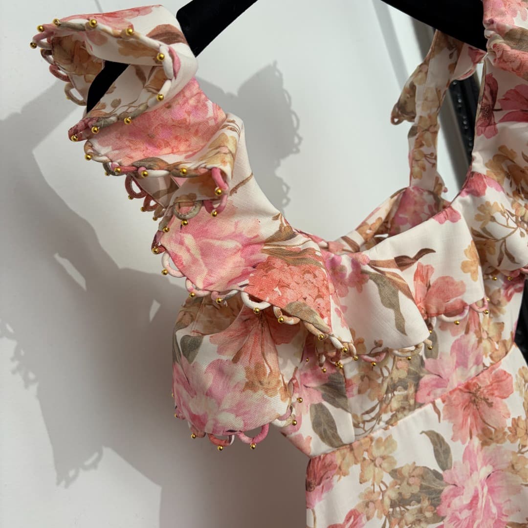 C18229 Style number 20264614 Zimmermann* New model. Floral print, bowed backless荷叶 collar strapless dress. Short skirt, pink, yellow, S-XL. [S size: bust circumference 82, waist circumference 72, length 84; Weight: 0, 420kg] — image 4