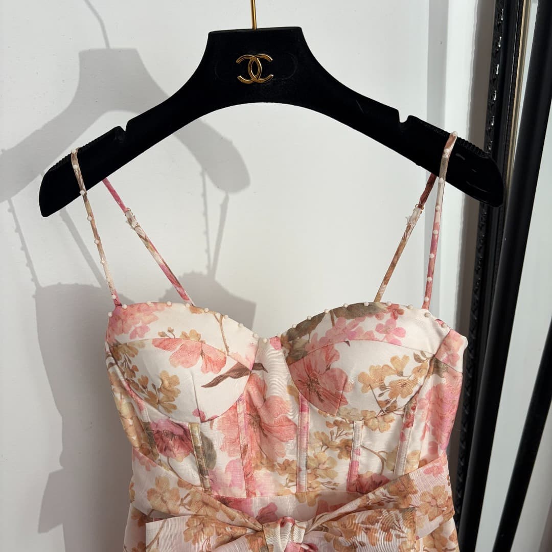C18227 Item number: 20264615 Zimmermann* New model, elegant style, vacation-themed, boning and strapless dress. Long dress, with a belt, pink, yellow colors, S-XL sizes. [Size M: Elasticity of bust: 82; Elasticity of waist: 72; Length: 120; Weight: 0, 530 — image 2