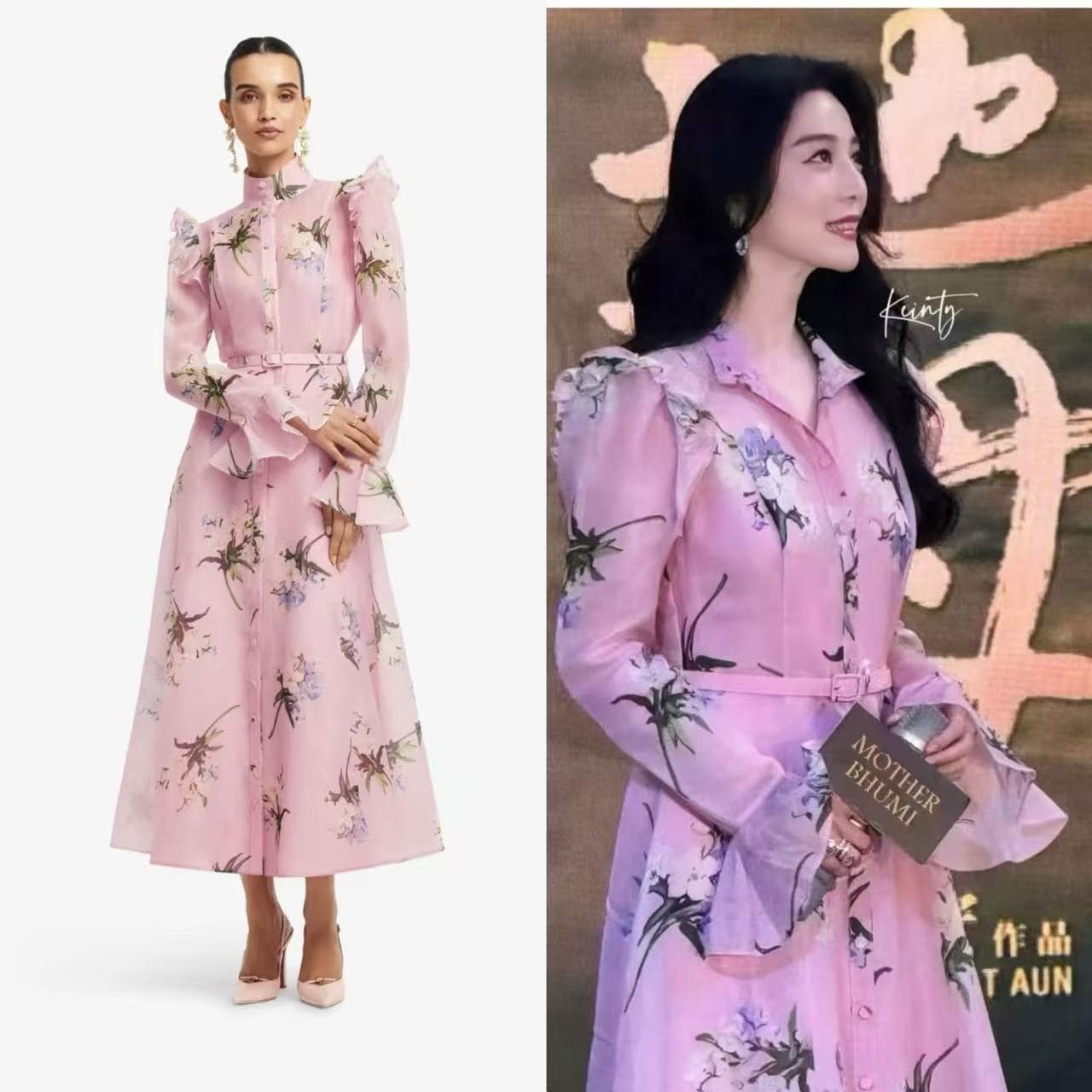 C18314 Style number 20264733 Zimmermann* New model: Floral print, stand-up collar, waist-curving, long sleeves dress. The dress comes with a undergarment and a belt. Color: pink. S-XL sizes. [Size M: Bust – 88; Length – 96; Shoulder width – 37; Bust – 98; — image 2