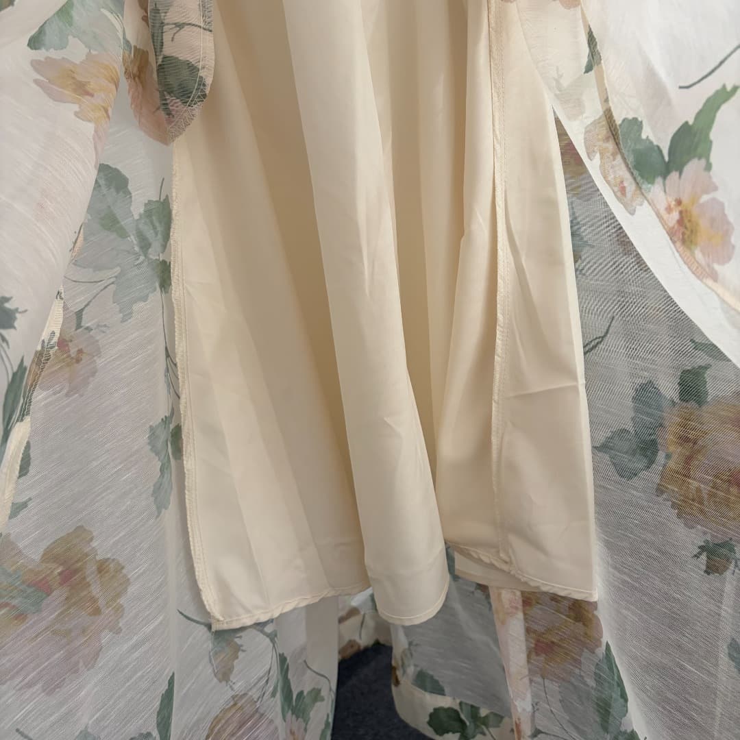 C18323 Item number: 20264682 Zimmermann* New model, elegant style, linen fabric with floral patterns. Belted, waist-cinching, bustier dress in beige color. S-XL sizes available. [S size: Elasticity of bust: 78; elasticity of waist: 72; length: 115; Weight — image 8