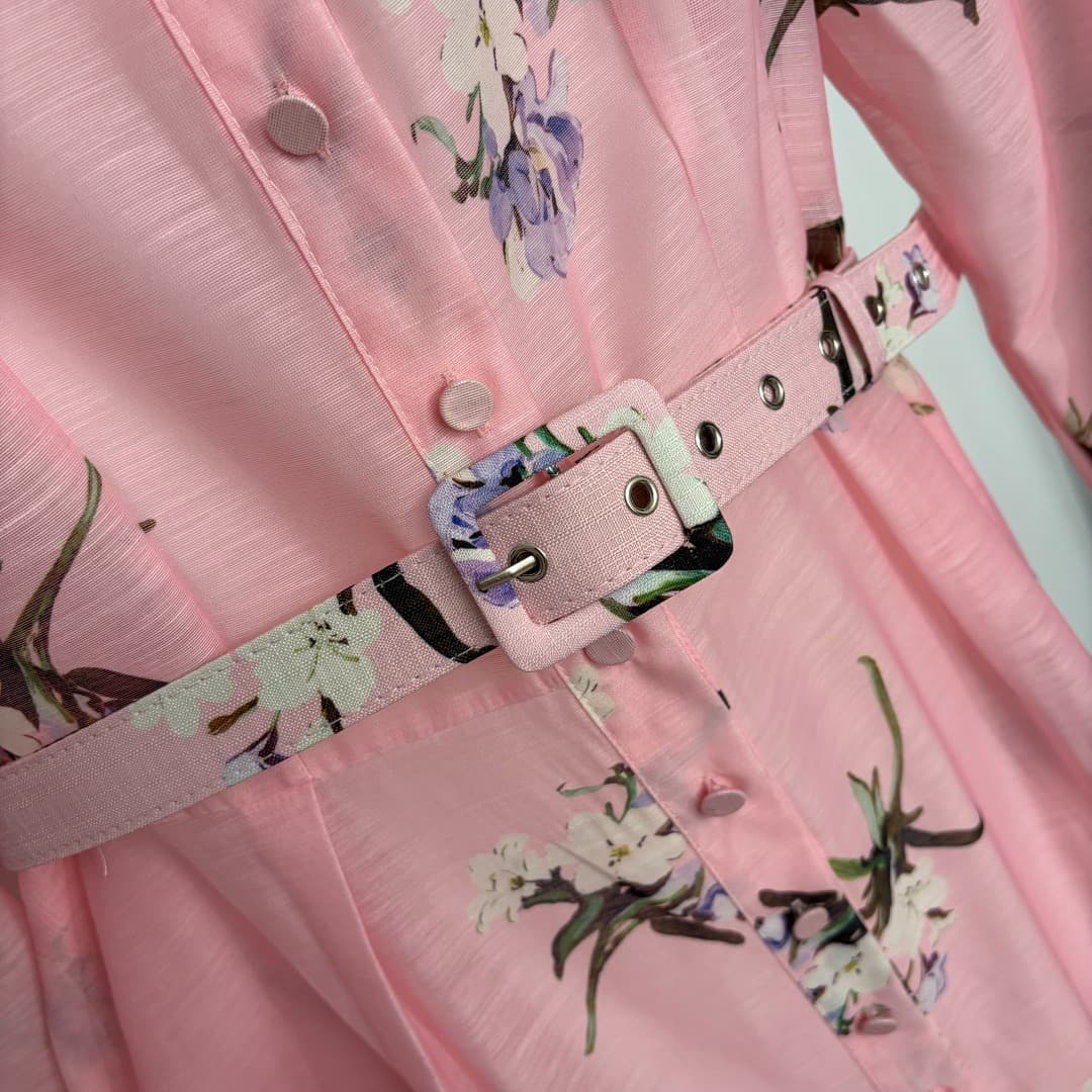 C18316 Style number 20264733 Zimmermann* New model: Floral print, stand-up collar, waist-curving, long sleeves dress. The dress comes with a strapless lining and a belt. Color: pink. S-XL sizes. [Size M: Bust 88, Length 96; Shoulder width 37, Bust 98, Wai — image 5