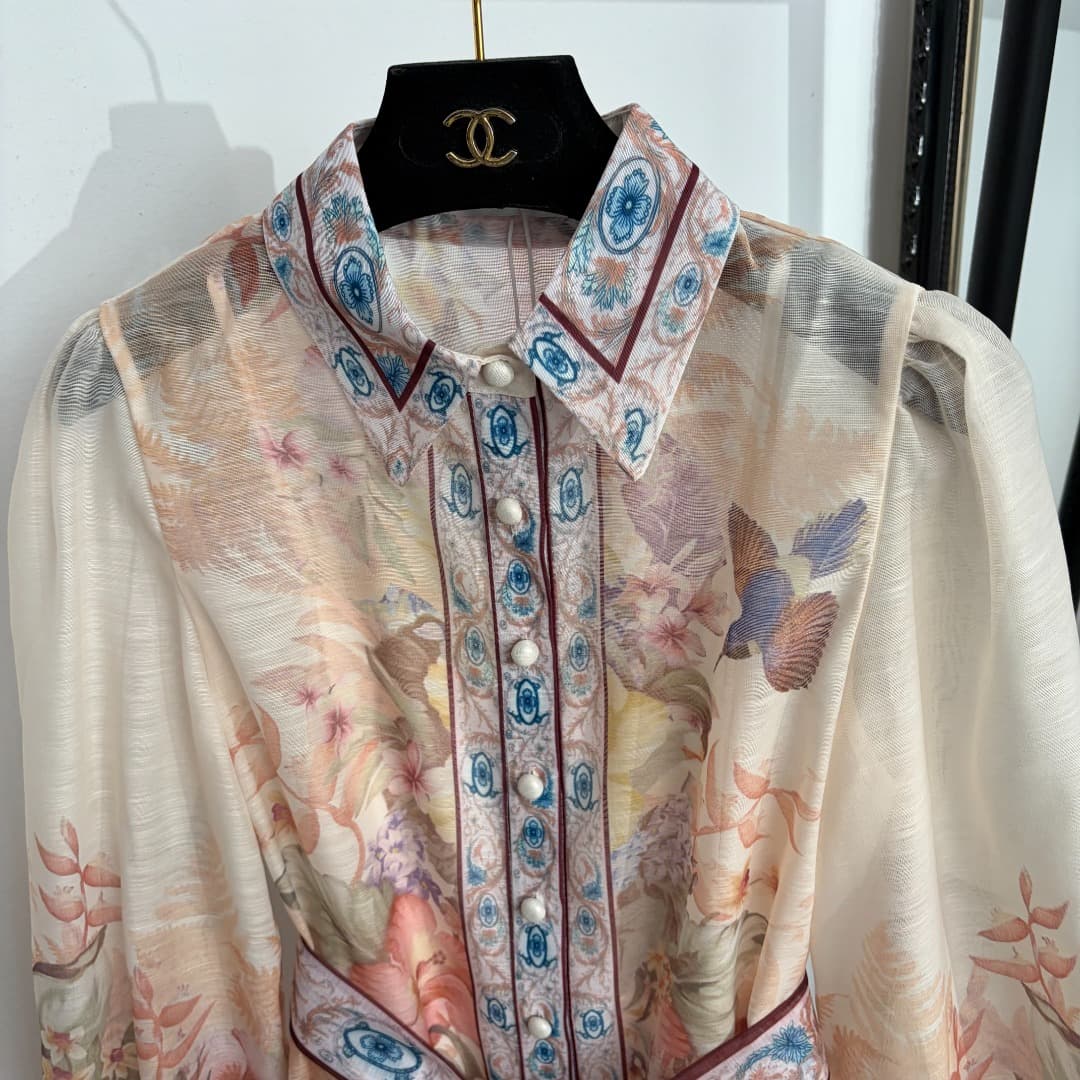 C18315 Style number 20264736 Zimmermann* New model: Bird and flower print belted long-sleeved shirt dress. Long dress with a underband, beige color, S-XL sizes. [L size: Chest circumference 86, Length 96; Chest circumference 96, Waist circumference 88, Sl — image 2