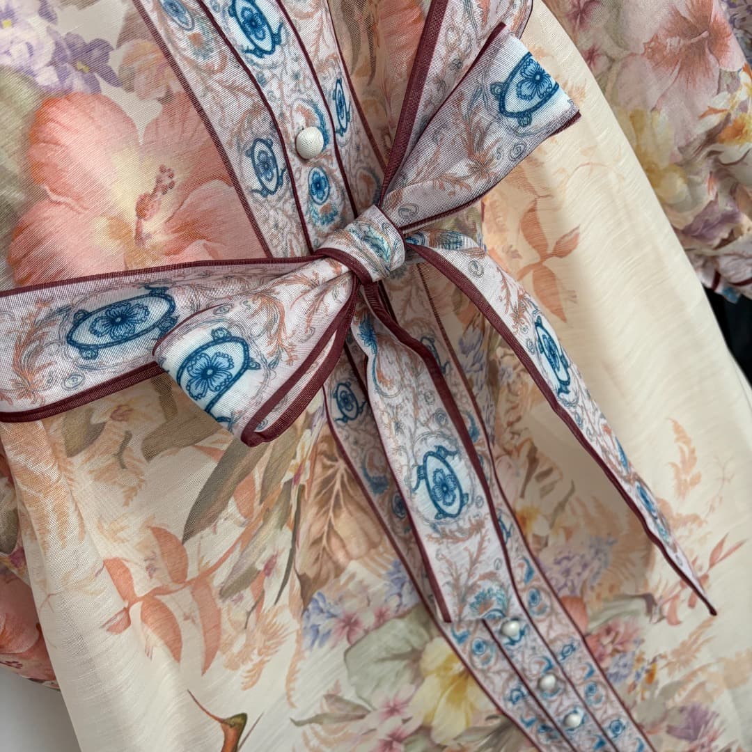 C18315 Style number 20264736 Zimmermann* New model: Bird and flower print belted long-sleeved shirt dress. Long dress with a underband, beige color, S-XL sizes. [L size: Chest circumference 86, Length 96; Chest circumference 96, Waist circumference 88, Sl — image 4