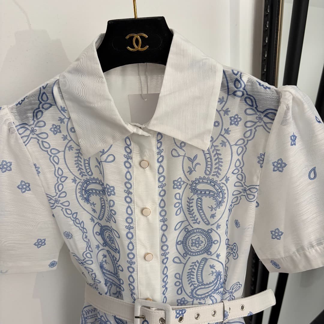 C18304 Size 20264827 Zimmermann* Vintage/retro pattern print short-sleeve shirt dress with skirt, belt, suspender lining, white, S-XL. [Size M: bust 88, length 65; shoulder width 37, bust 94, sleeve length 25, skirt length 90; weight: 0, 390kg] — image 2