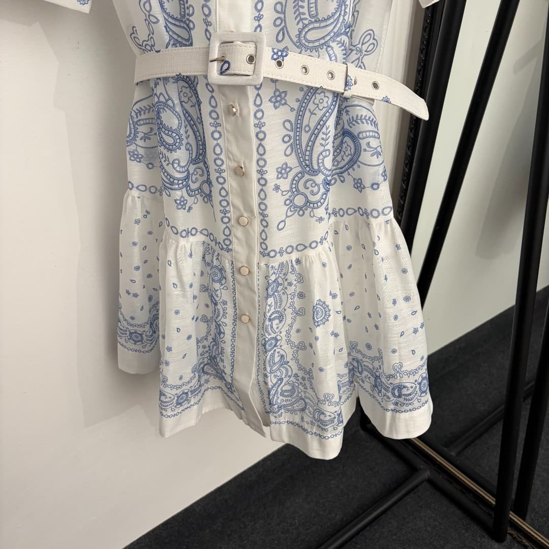 C18304 Size 20264827 Zimmermann* Vintage/retro pattern print short-sleeve shirt dress with skirt, belt, suspender lining, white, S-XL. [Size M: bust 88, length 65; shoulder width 37, bust 94, sleeve length 25, skirt length 90; weight: 0, 390kg] — image 3