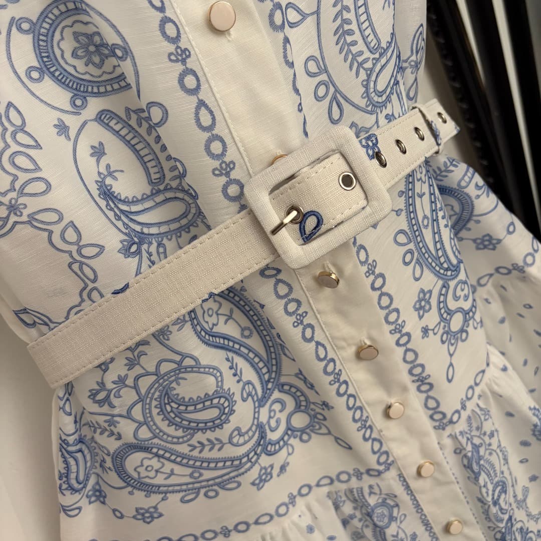 C18304 Size 20264827 Zimmermann* Vintage/retro pattern print short-sleeve shirt dress with skirt, belt, suspender lining, white, S-XL. [Size M: bust 88, length 65; shoulder width 37, bust 94, sleeve length 25, skirt length 90; weight: 0, 390kg] — image 4