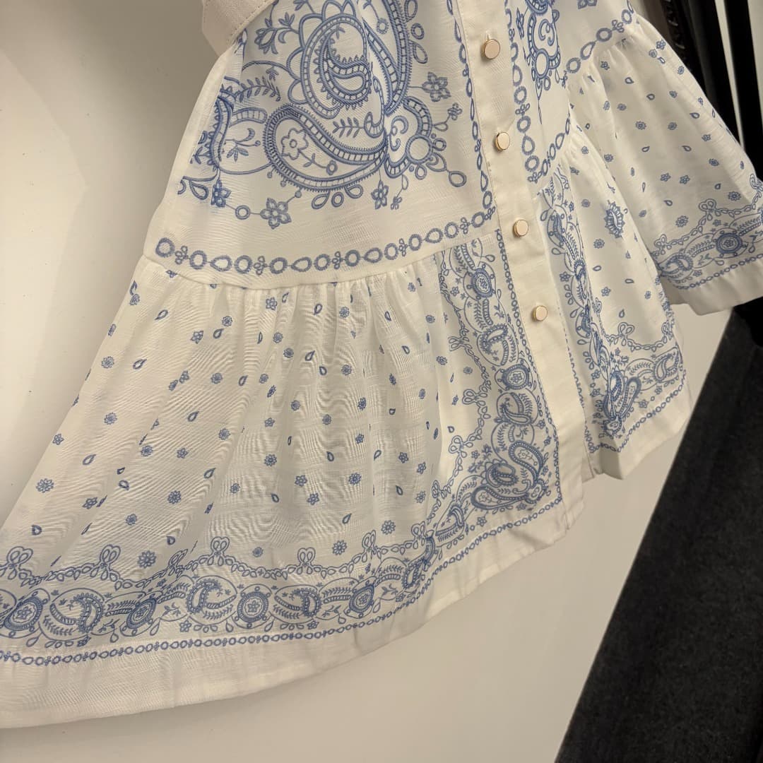 C18304 Size 20264827 Zimmermann* Vintage/retro pattern print short-sleeve shirt dress with skirt, belt, suspender lining, white, S-XL. [Size M: bust 88, length 65; shoulder width 37, bust 94, sleeve length 25, skirt length 90; weight: 0, 390kg] — image 6