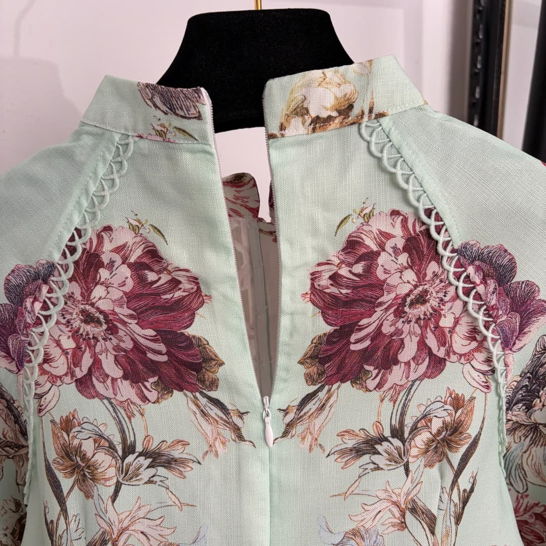 C18299 Item number: 20264838 Zimmermann* New model – vacation-themed floral print lantern-style long-sleeved dress with a short skirt and belt. Color: green. S-XL sizes available. [Size M: bust 90, waist 78, sleeve length 73, overall length 93; Weight: 0, — image 8