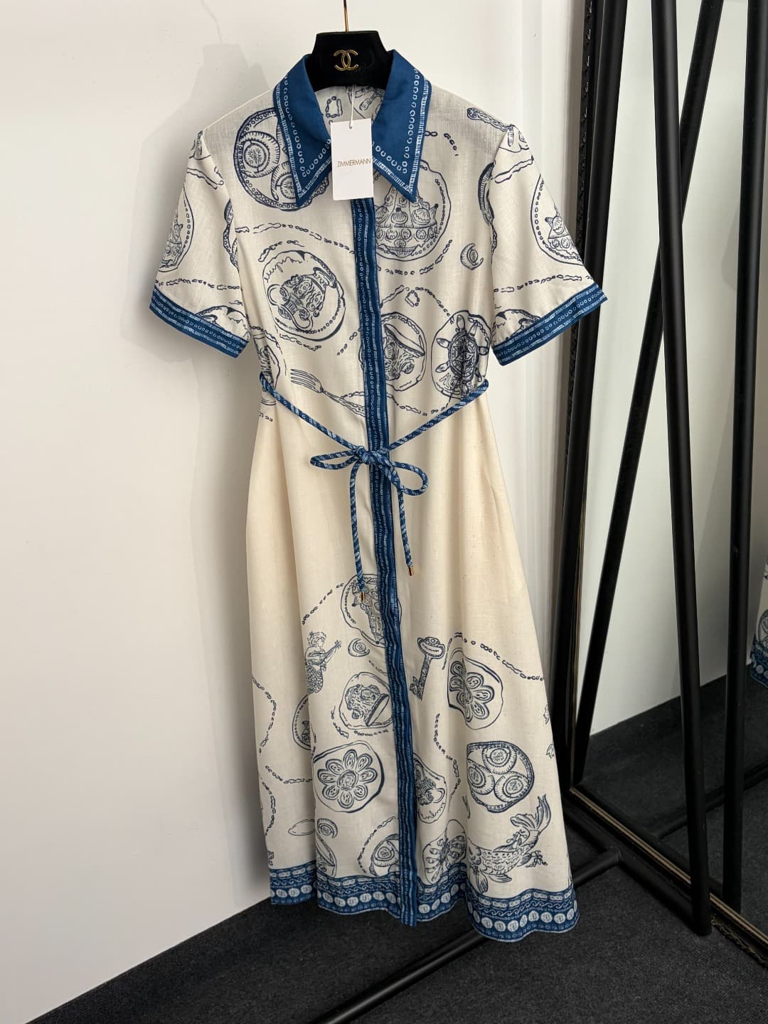C18295 Style number 20264842 Zimmermann* New model: linen-printed tie-dye, cinched waist short-sleeve shirt dress, beige color, S-XL size. [Size M: shoulder width 37, bust width 96, sleeve length 23, overall length 127; Weight: 0, 510kg] — image 1