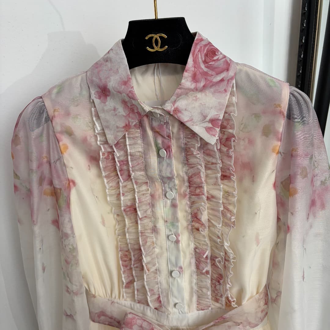 C18293 Style No. 20264846 Zimmermann* New model – Elegant print, ruffled cuffs, mid-length sleeve dress. Long dress, beige color, S-XL size. [Size M: Chest circumference 92, waist circumference 74, sleeve length 67, overall length 137; Weight: 0, 375kg] — image 2