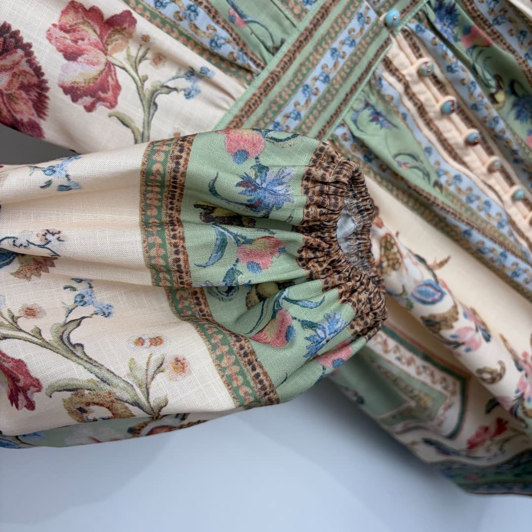 C18284 Style number 20264910 Zimmermann* Vintage/retro floral phoenix bird print V-neck long waist sleeve dress, green color, S-XL. [Size M: Chest circumference 86, waist circumference 70, sleeve length 60, overall length 92; Weight: 0, 490kg] — image 5