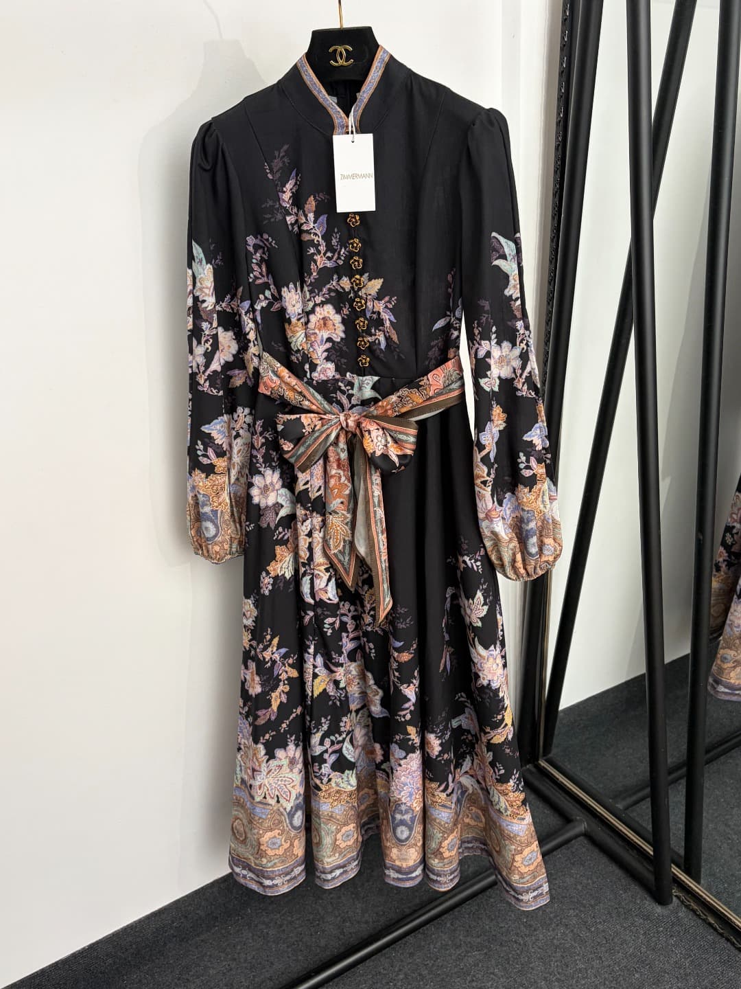 C18279 Style number 20265039 Zimmermann* Vintage/retro style, floral print, waist-catching long sleeves dress. Long dress, black, S-XL. [S size: bust 86, waist 68, sleeve length 63, overall length 124; Weight: 0, 665kg] — image 1