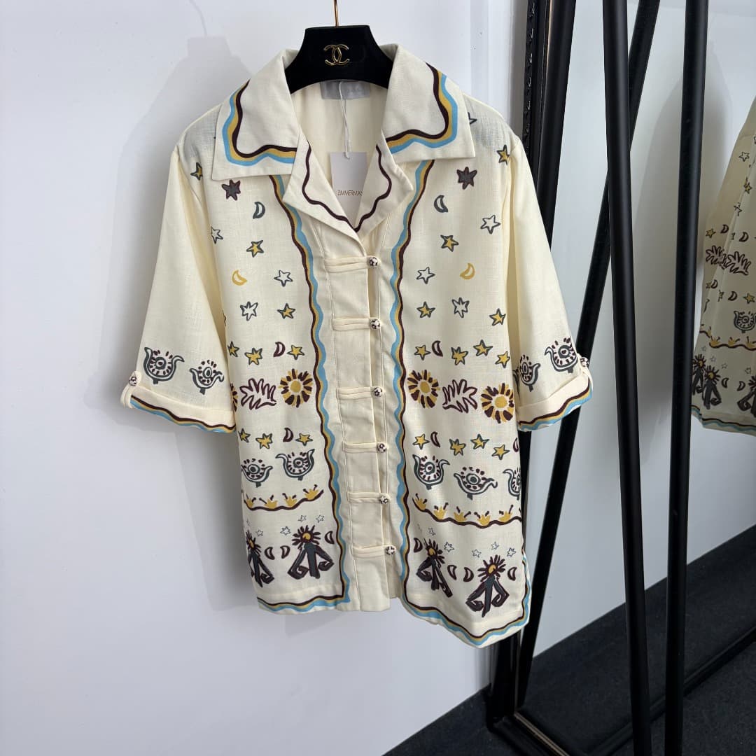 C18272 Item number: 20265128 Zimmermann* New linen set: short sleeves with star and moon patterns in Chinese-style button design + shorts. Color: beige. S-XL sizes. [Size M: shoulder width 45, bust circumference 116, sleeve length 33, overall length 73; w — image 2
