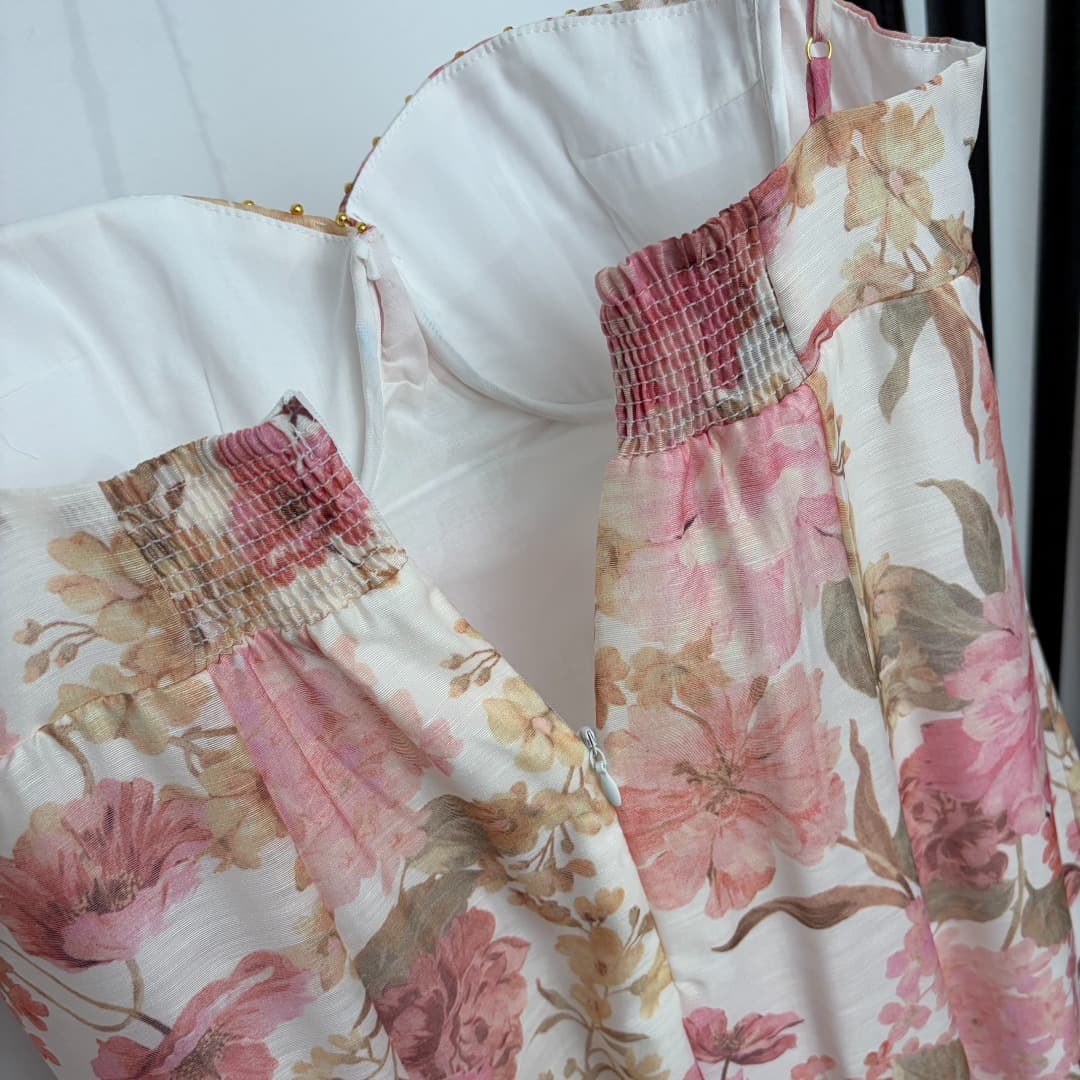 C18226 Style No. 20265164 Zimmermann* New model, floral print, small gold beads strapless dress with fishtail silhouette, pink and yellow colors, S-XL sizes. [S size: elasticic bust circumference 78; long length 114; weight 0, 440kg] — image 7