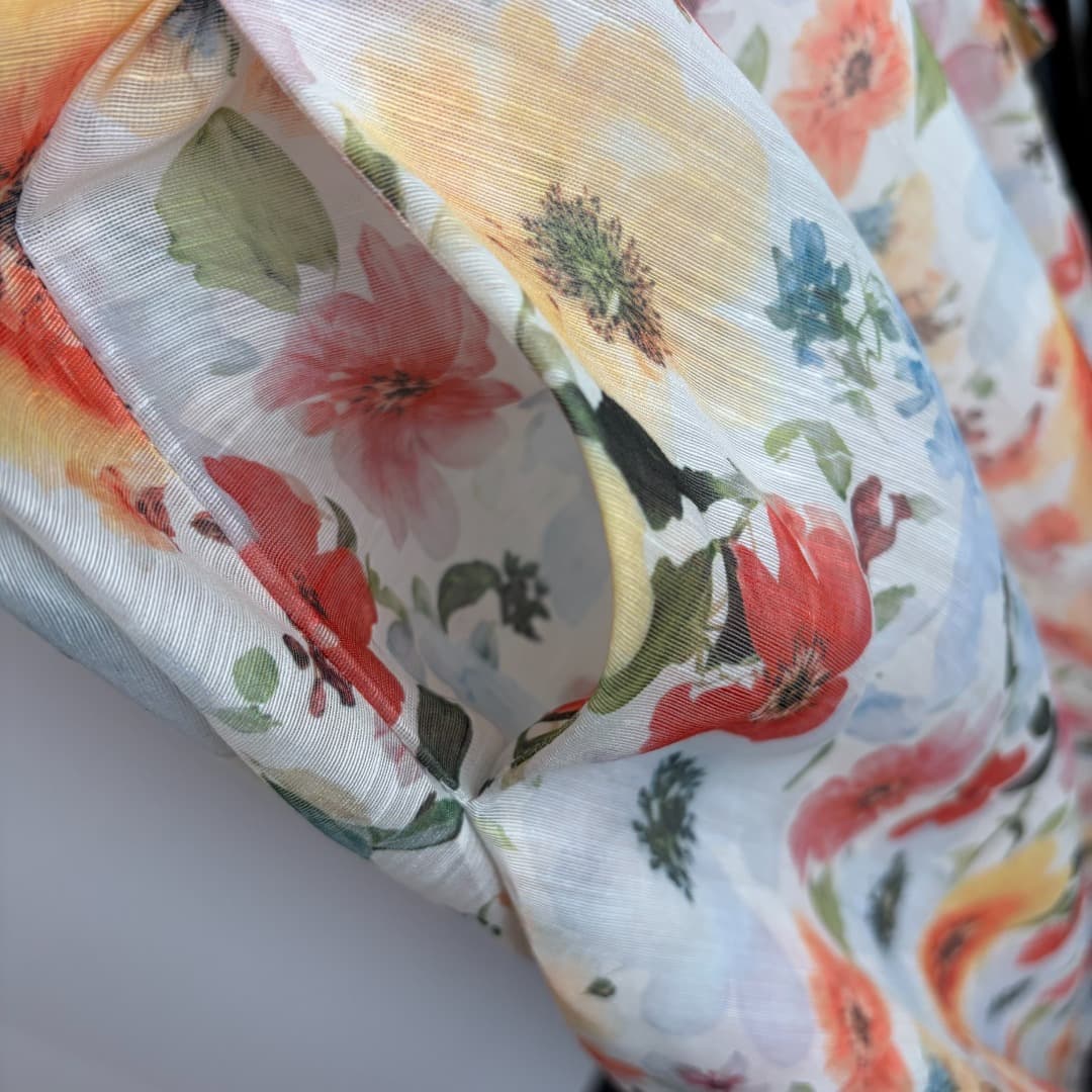 C18266 Style No. 20265277 Zimmermann* New model: vacation-themed dress with floral prints, straps, waist-cinching, halter neckline. Long dress, white color, sizes S-XL. [Size S: Elasticity at chest area 80; elasticity at waist 68; length 126; Weight 0, 53 — image 5