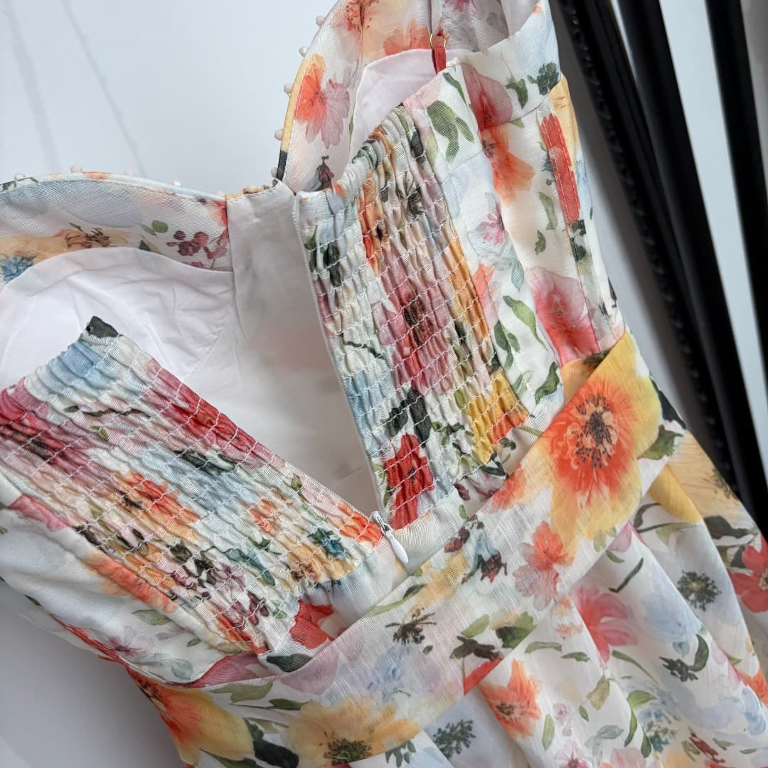 C18266 Style No. 20265277 Zimmermann* New model: vacation-themed dress with floral prints, straps, waist-cinching, halter neckline. Long dress, white color, sizes S-XL. [Size S: Elasticity at chest area 80; elasticity at waist 68; length 126; Weight 0, 53 — image 7
